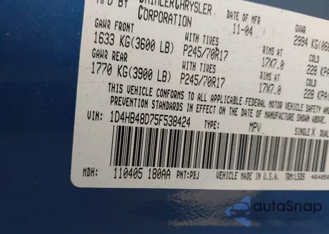 2005 Dodge Durango Slt z USA, uszkodzony, nr VIN 1D4HB48D75F538424